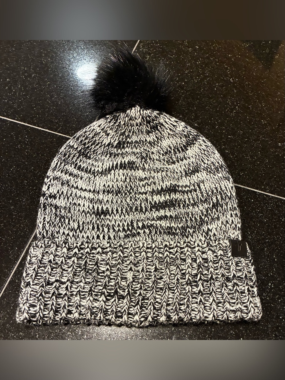 Frye Beanie Marled Knit Pom Pom Logo Stretch Black/White OS New
